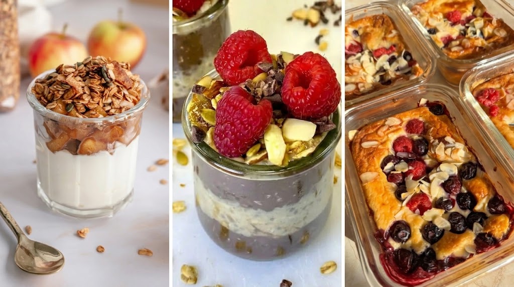 Drie ontbijtjes: kwark met granola, overnight oats met vers fruit en een gebakken havermoutschaal